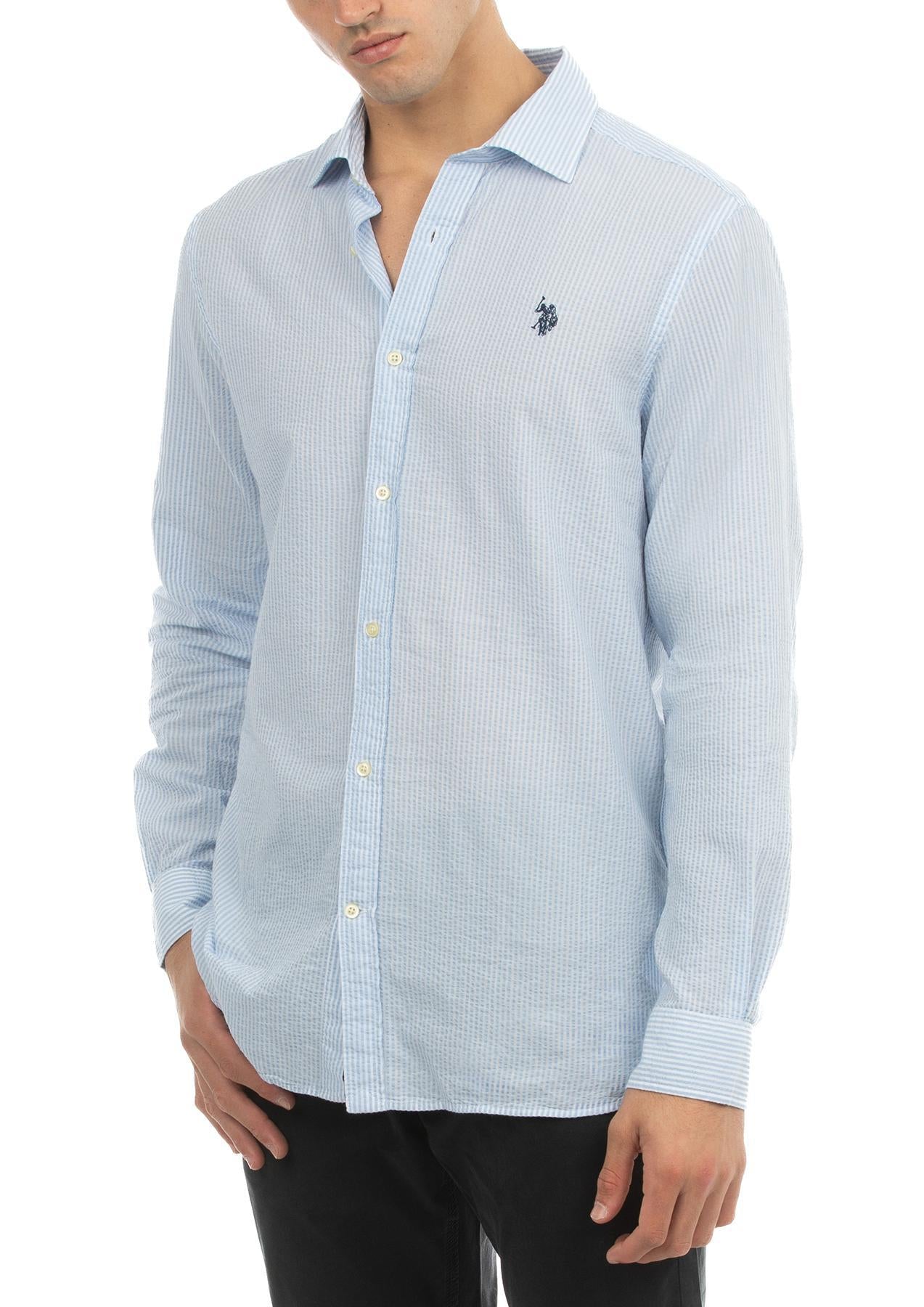 USPA Men&#39;s Straight Collar Seersucker Striped Shirt Light Blue
