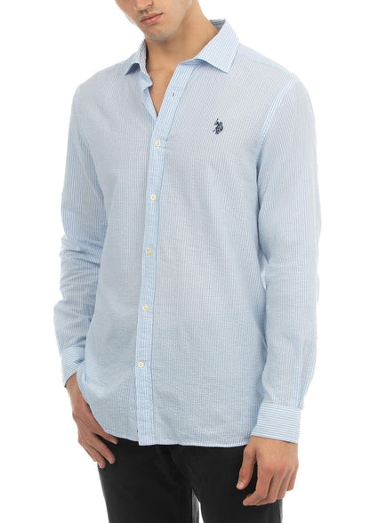 USPA Men's Straight Collar Seersucker Striped Shirt Light Blue