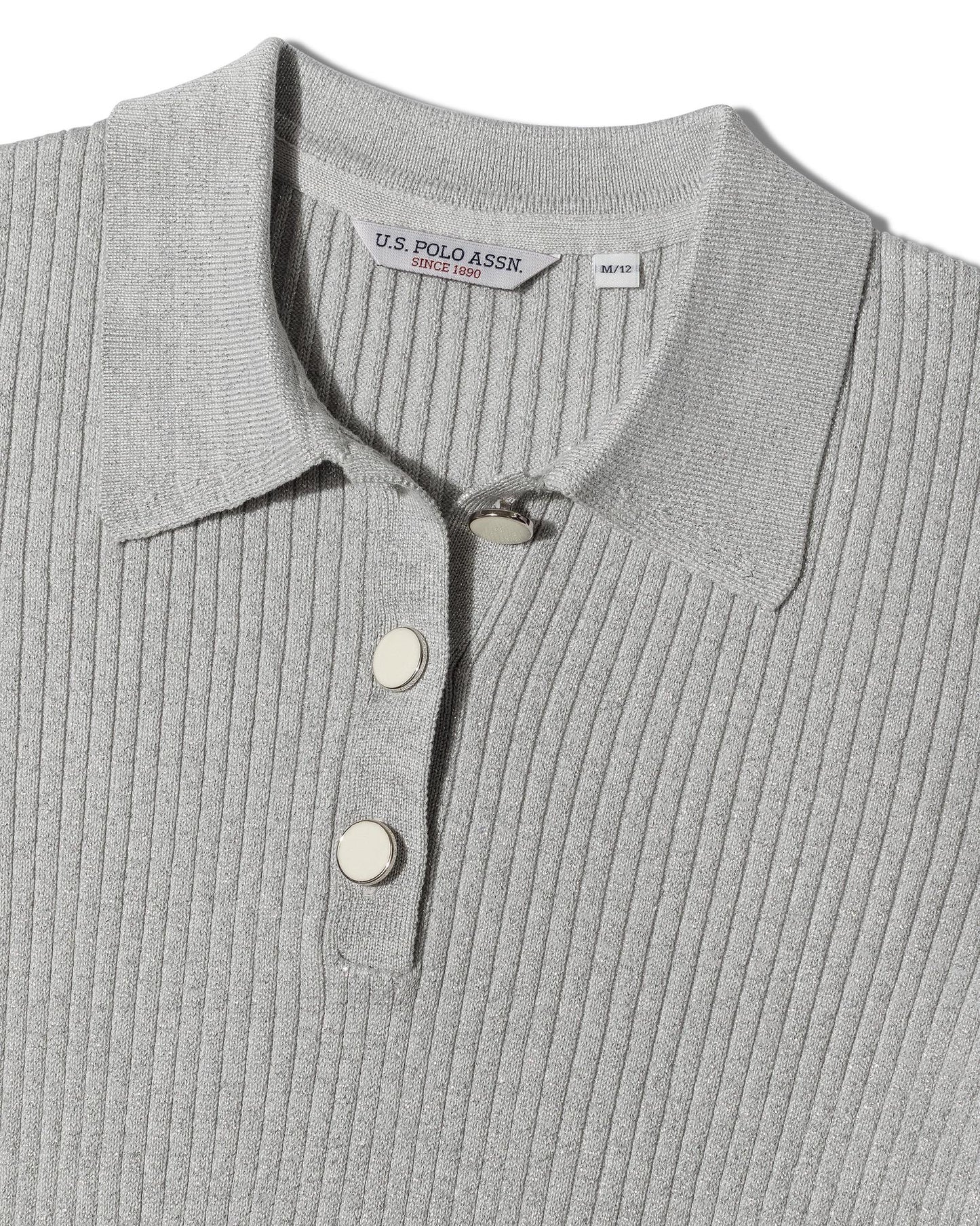 USPA Women's Lurex Rib Knit Polo Pearl Grey Marl