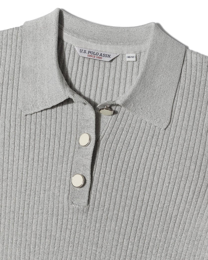 USPA Women's Lurex Rib Knit Polo Pearl Grey Marl