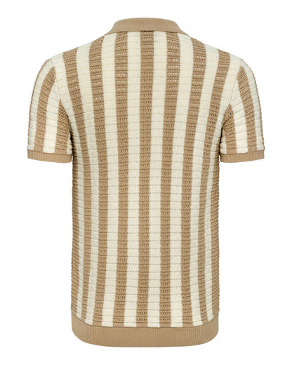 USPA Men's Crochet Knit Open Collar Button SS Polo Doeskin