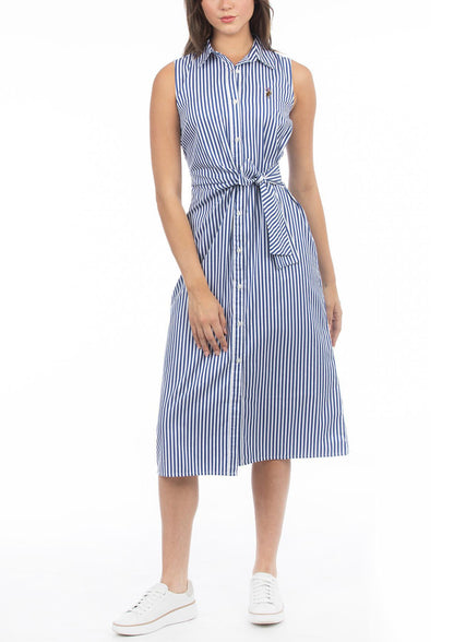USPA Women's Stripe Tie Waist Shirt Dress Blue