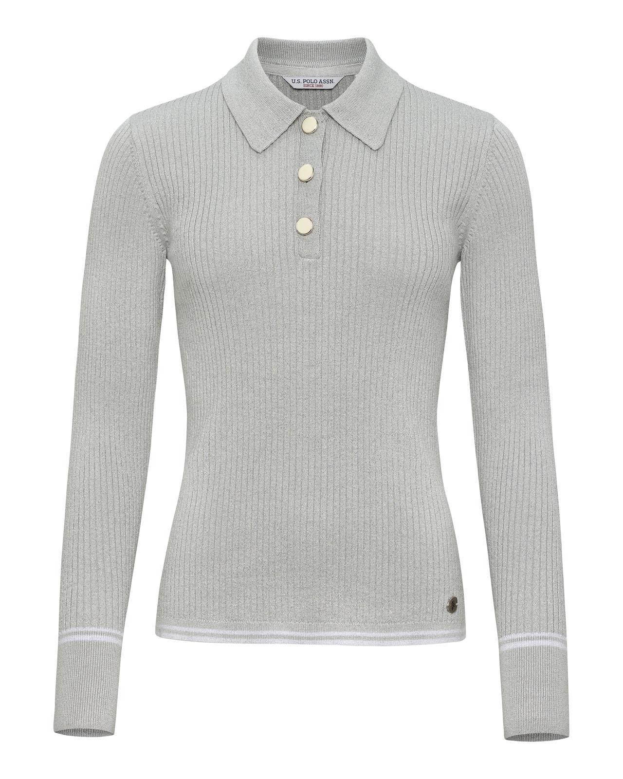 USPA Women's Lurex Rib Knit Polo Pearl Grey Marl