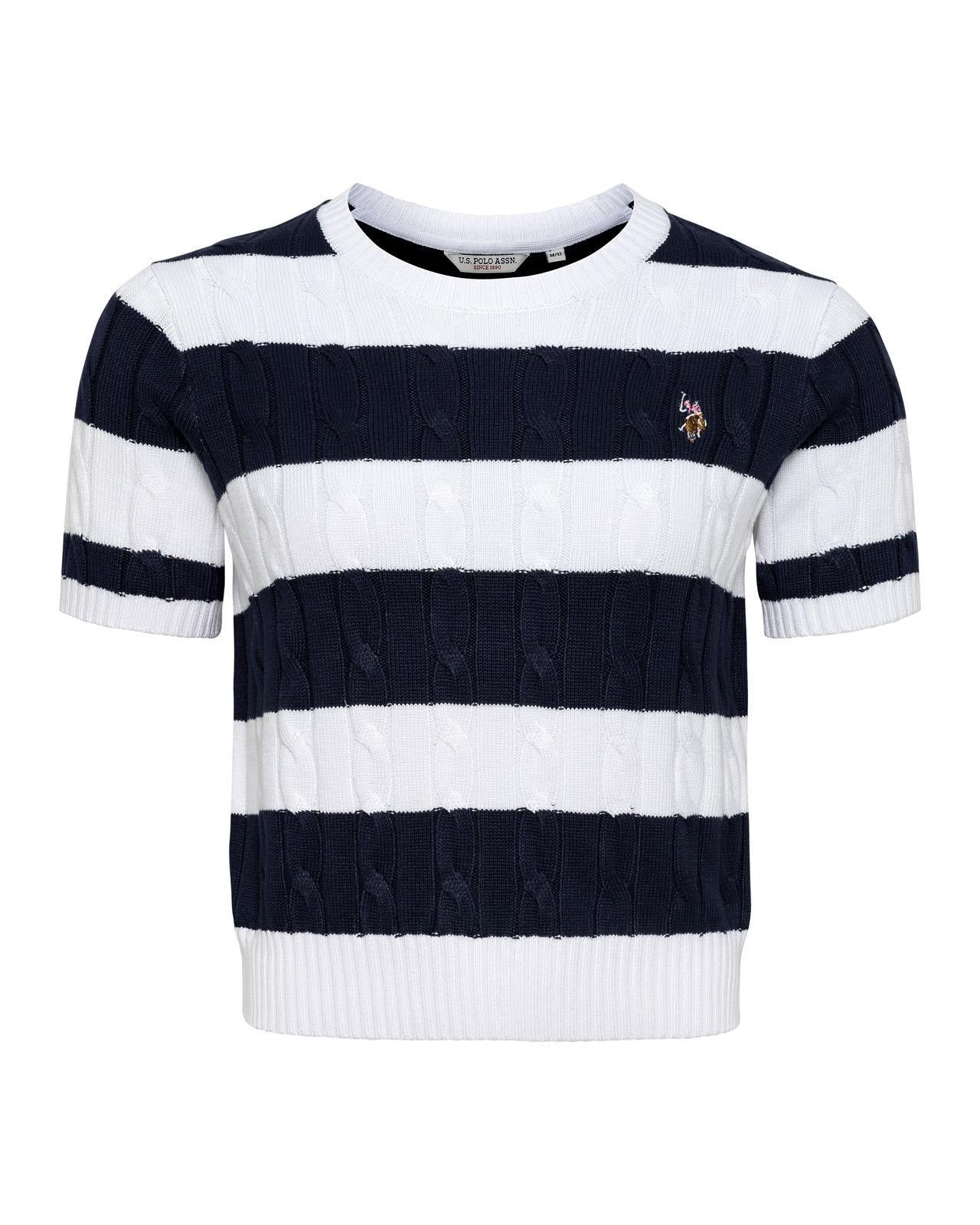 USPA Women's SS Stripe Loose Cable Knit Jumper Navy Iris