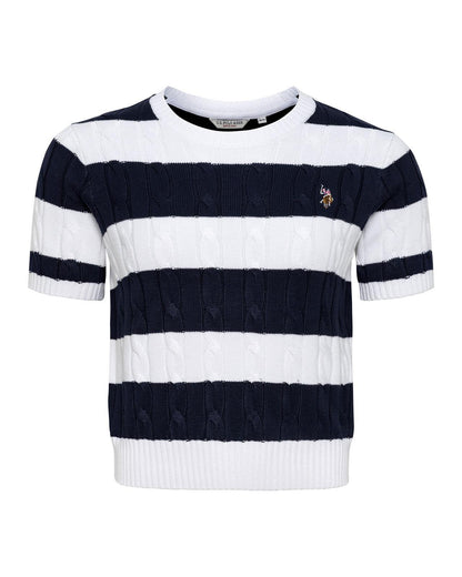 USPA Women's SS Stripe Loose Cable Knit Jumper Navy Iris