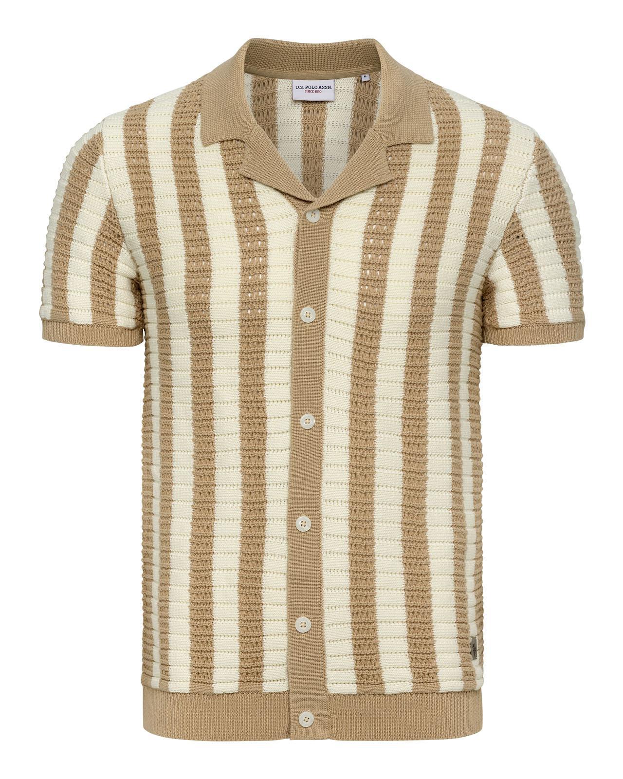 USPA Men's Crochet Knit Open Collar Button SS Polo Doeskin