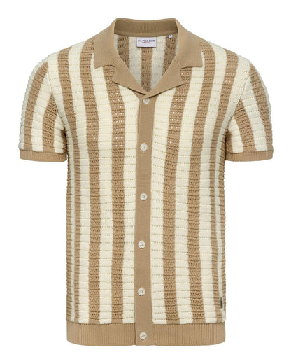 USPA Men's Crochet Knit Open Collar Button SS Polo Doeskin