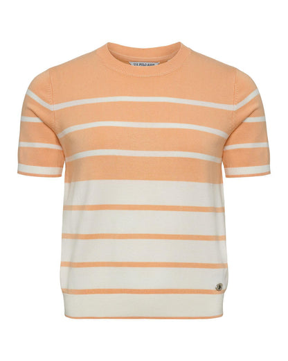 USPA Women's Colour Block Stripe SS Crew Neck Jumper Peach Nectar