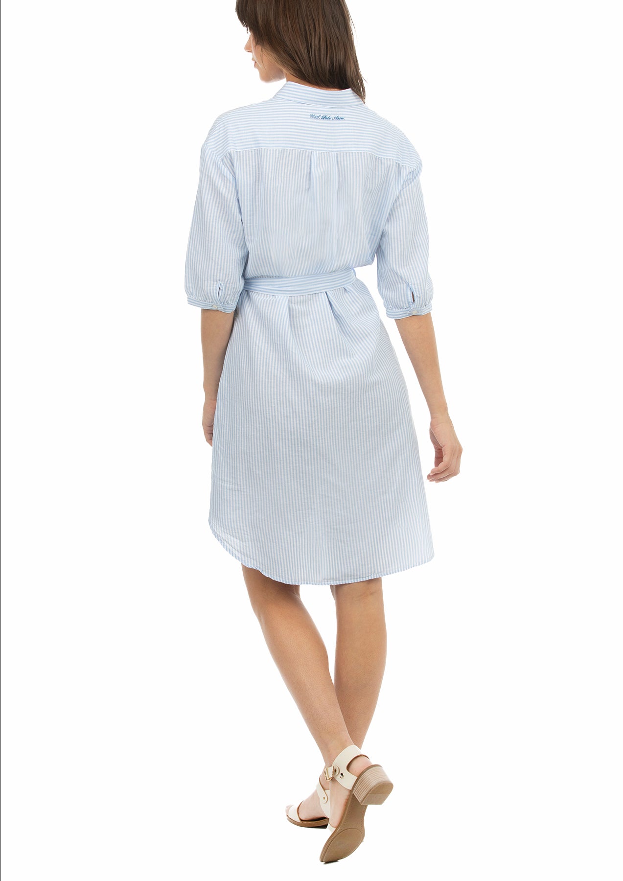 USPA Women's Linen Striped Shirt Dress Light Blue