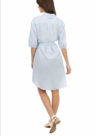 USPA Women's Linen Striped Shirt Dress Light Blue