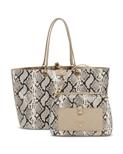 USPA Axtell Reversible Shopping Tote with Pouch Taupe/Sand Python