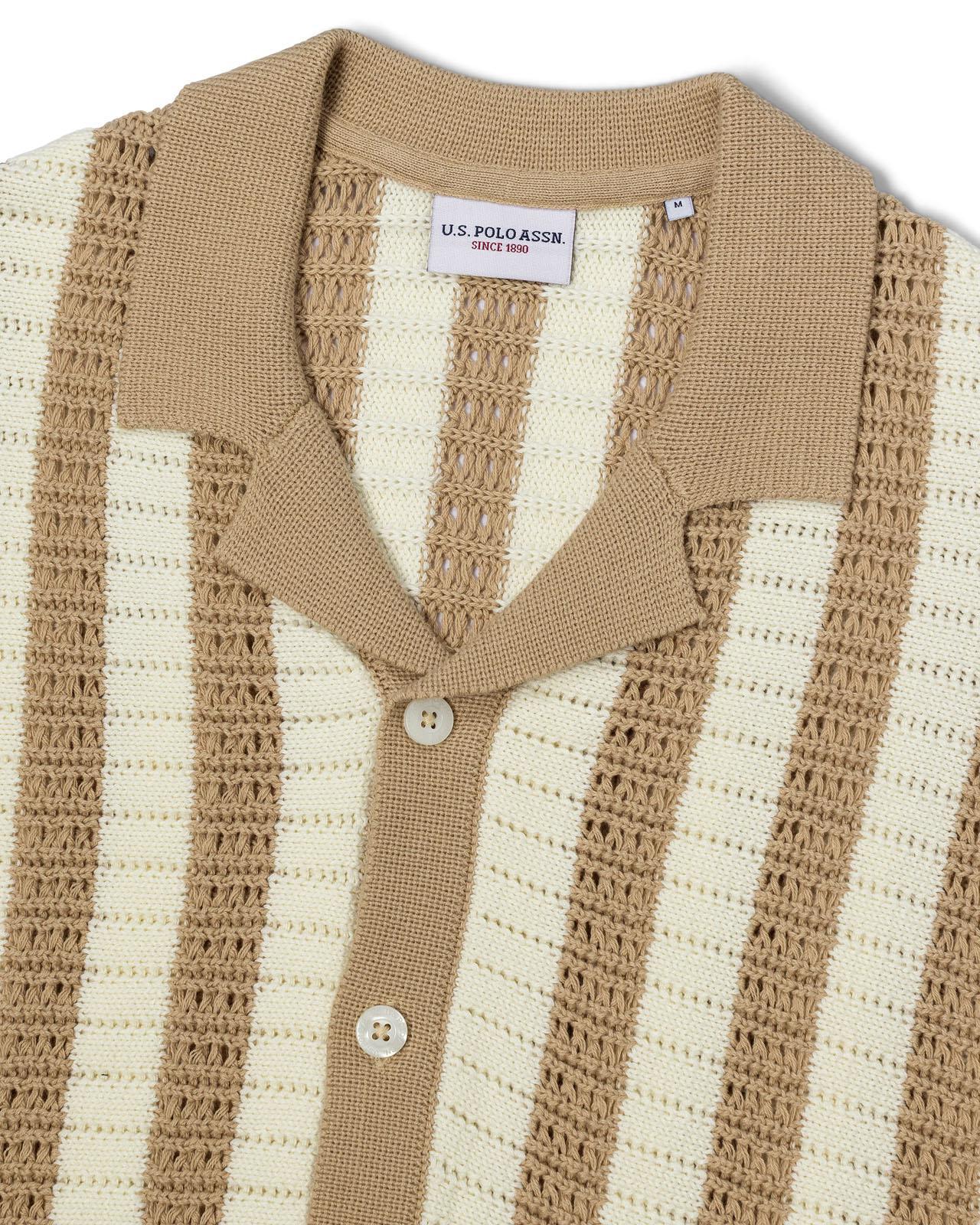 USPA Men's Crochet Knit Open Collar Button SS Polo Doeskin