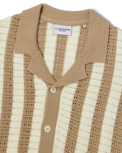USPA Men's Crochet Knit Open Collar Button SS Polo Doeskin
