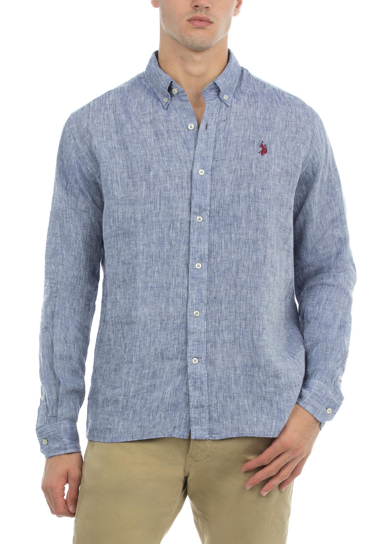 USPA Men&#39;s Linen Button-Down Collar LS Shirt Blue