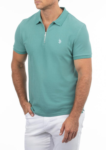 USPA Men's Textured Knit Zip Polo Teal