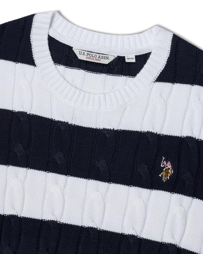 USPA Women's SS Stripe Loose Cable Knit Jumper Navy Iris