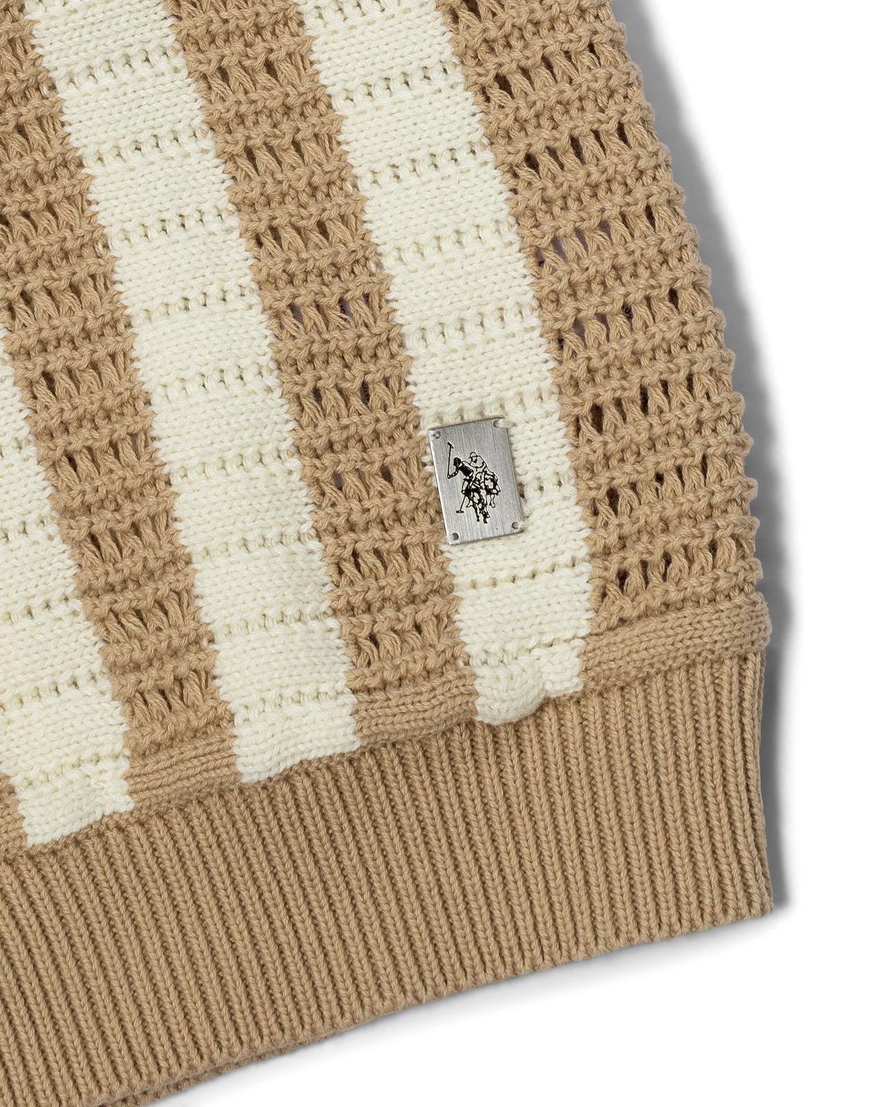 USPA Men's Crochet Knit Open Collar Button SS Polo Doeskin