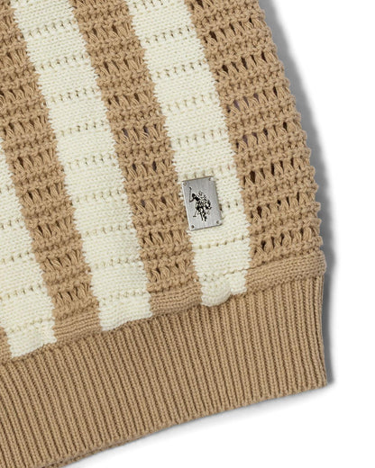 USPA Men's Crochet Knit Open Collar Button SS Polo Doeskin