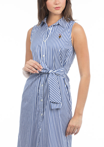 USPA Women's Stripe Tie Waist Shirt Dress Blue